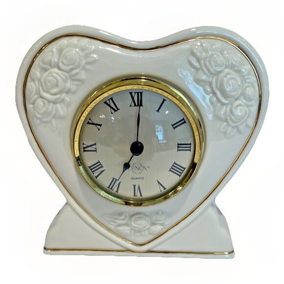 Vintage LENOX Mantle Clock Quartz Rosebud Collection Heart Shaped 5.5 x 5.5" - Picture 1 of 11